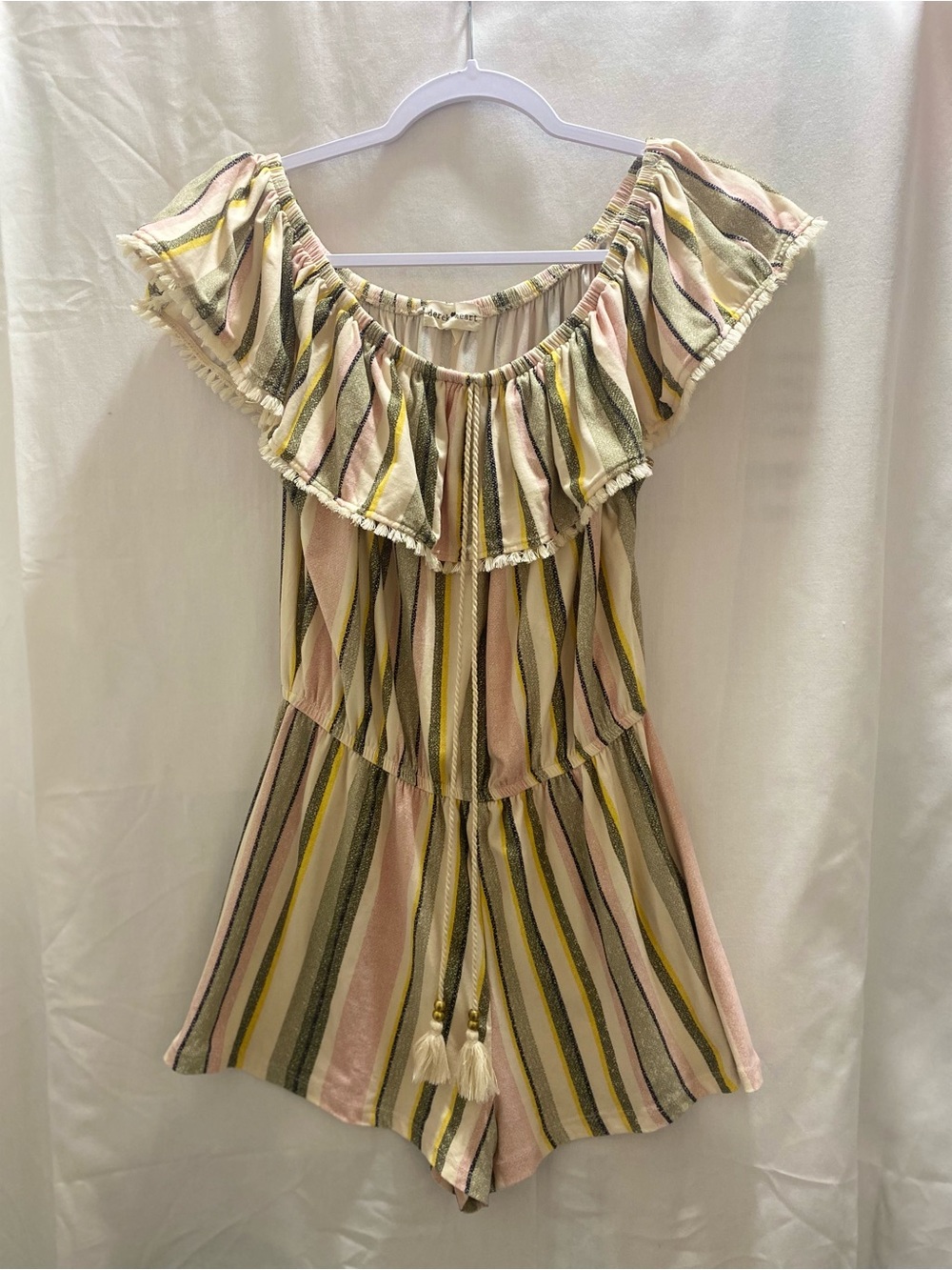 Derek Heart Juniors Large Striped Off-Shoulder Ruffle Tassel Drawstring Romper